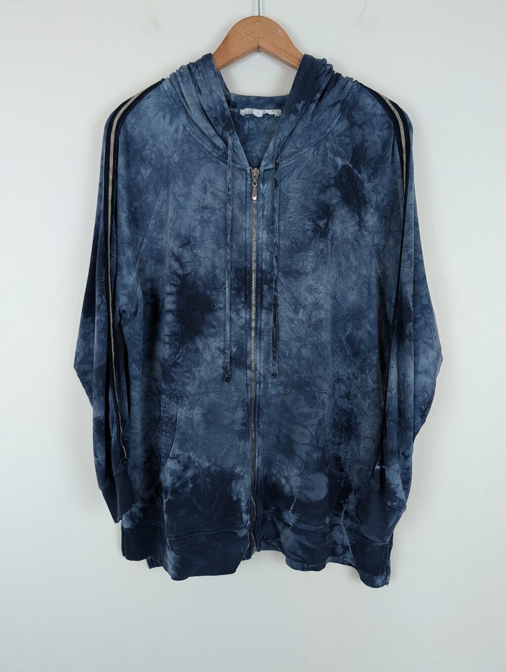 Johnny Was Calme Blue Tie Dye Full Zip Striped Sleeve Hoodie
